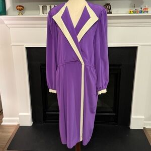 Vintage 1980s Jordache Purple & Cream Contrast Collar Dress – Size 15/16
